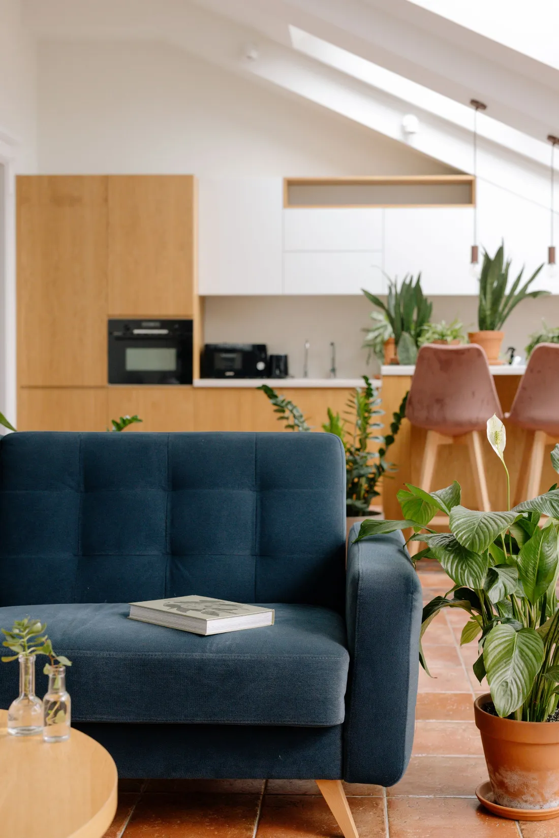 Salón con sofá azul, mueble bajo blanco, televisión y muchas plantas